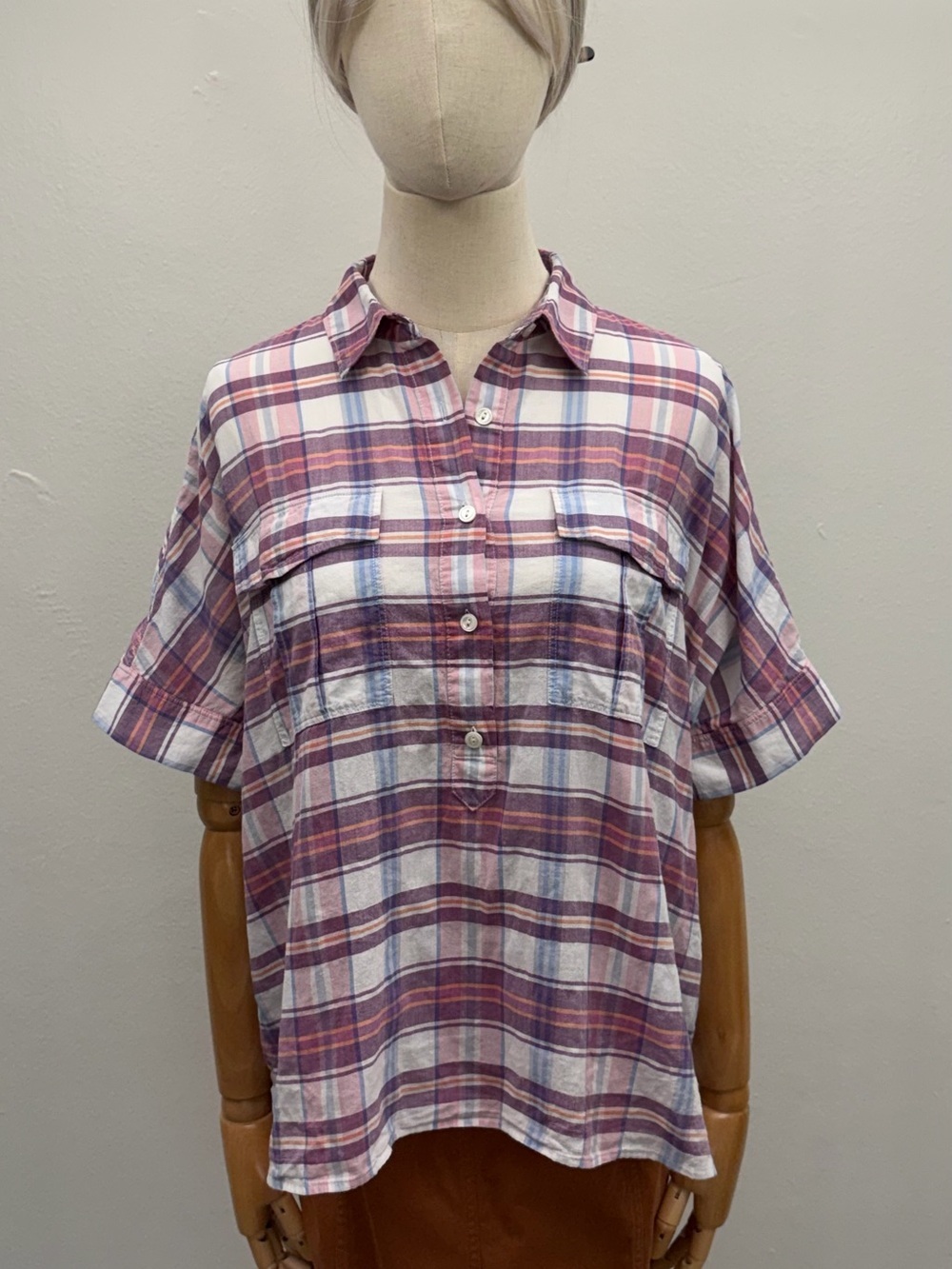 J.Crew Women’s Plaid Popover Shirt Size 10 Purple Pink Blue Cotton Short Sleeve